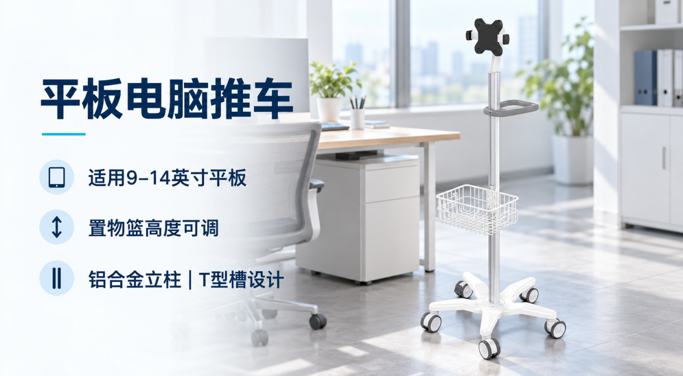 Dedicated tablet cart with an adjustable storage basket