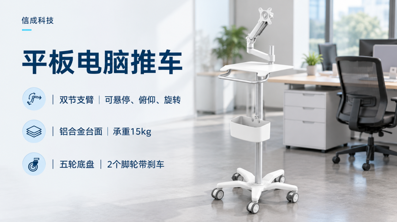 Tablet cart with a two-section arm and large aluminum worktop